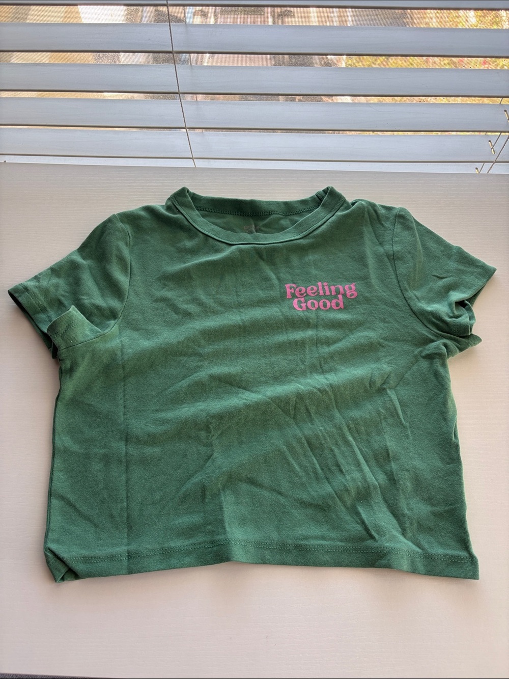 Cotton On Green Crop Tee with Pink "Feeling Good" Print